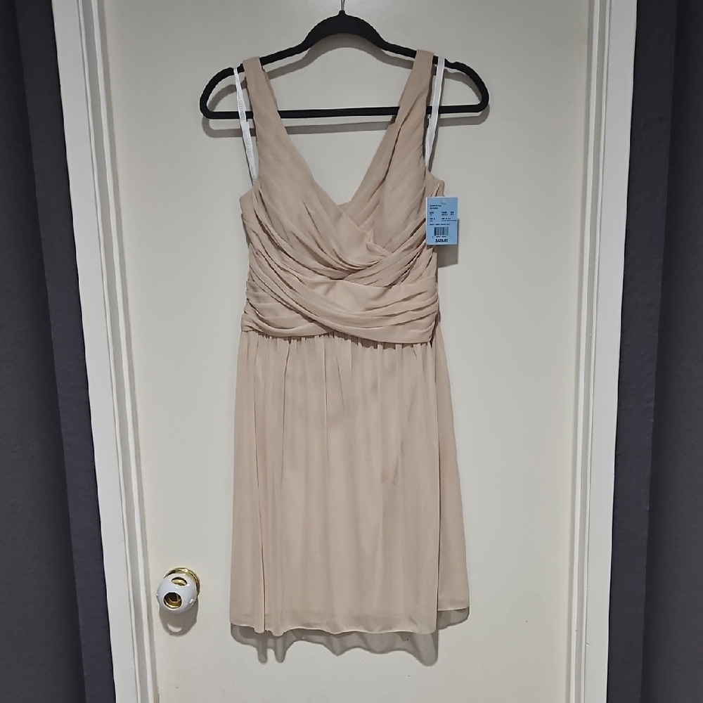 David's Bridal Tan Gold Pleated Ruched Midi Dress